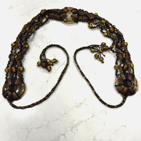 Retro Womens Macrame Brown Black Resin Bead BOHO BOHEMIAN Tie Belt lgth 36-72 " - Picture 2 of 9